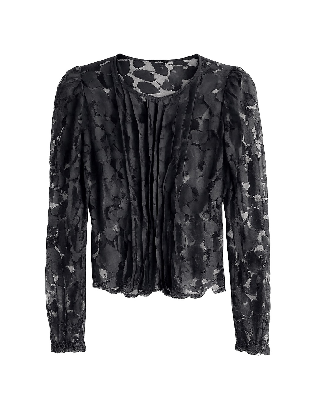 American Retro Sheer Black Lace Blouse - Puff Sleeves & Pleats (M)